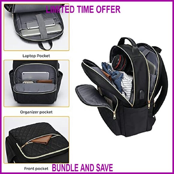 15.6 Inch Laptop Backpack with USB Charging Port, Quilted Work Travel Purse - Picture 5 of 7